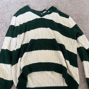 brandy melville green and white v neck striped sweater